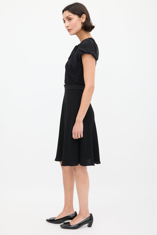 Max Mara Black Pleated Neck Ribbon Waist Dress