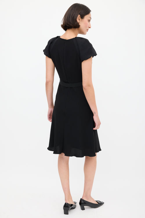 Max Mara Black Pleated Neck Ribbon Waist Dress