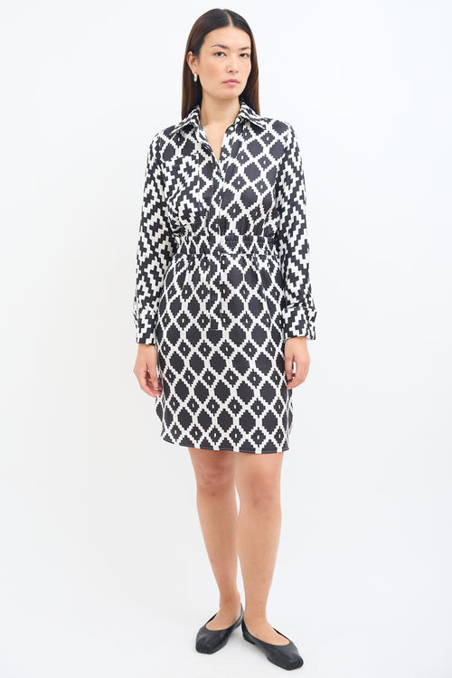 Max Mara White & Black Silk Printed Shirt Dress