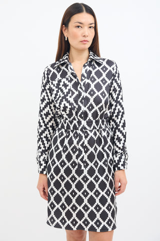 Max Mara White & Black Silk Printed Shirt Dress