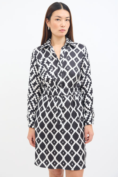 Max Mara White & Black Silk Printed Shirt Dress