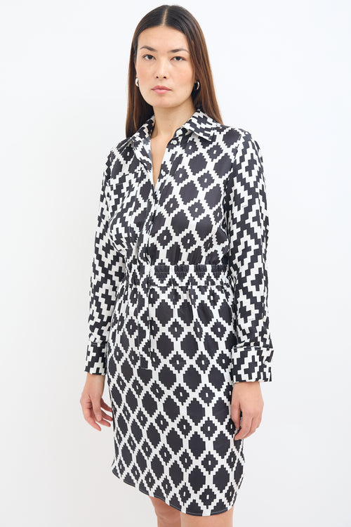 Max Mara White & Black Silk Printed Shirt Dress