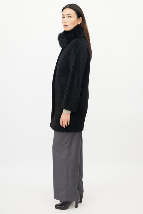 Max Mara Black Wool Blend Fur Collar Coat
