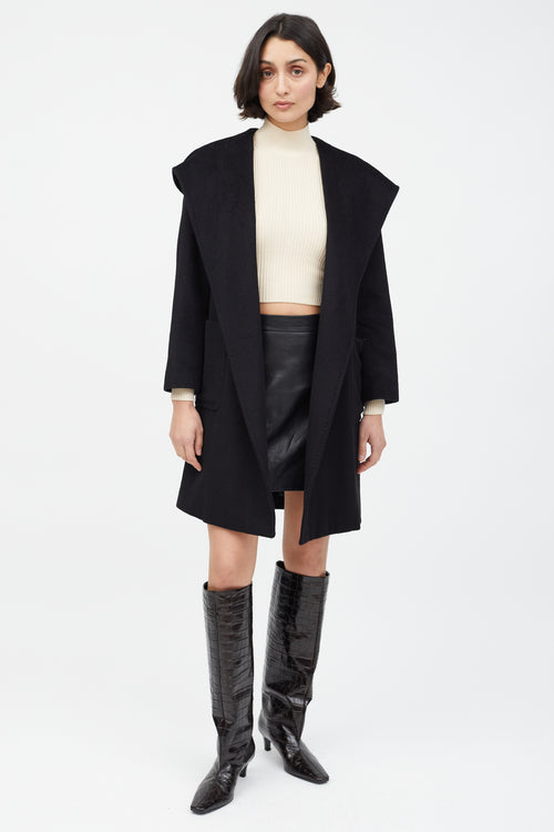 Max Mara Black Wool Hooded Wrap Coat