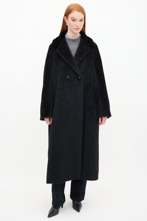 Max Mara Black Wool Teddy Fur Trim Coat