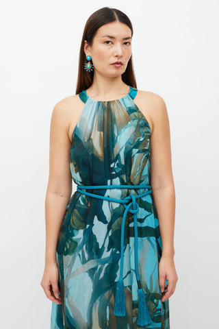 Max Mara Blue & Multicolour Silk Belted Dress