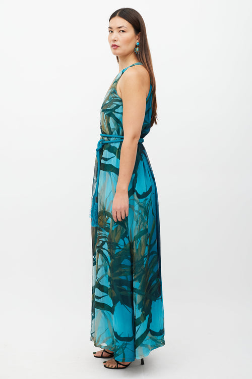 Max Mara Blue & Multicolour Silk Belted Dress
