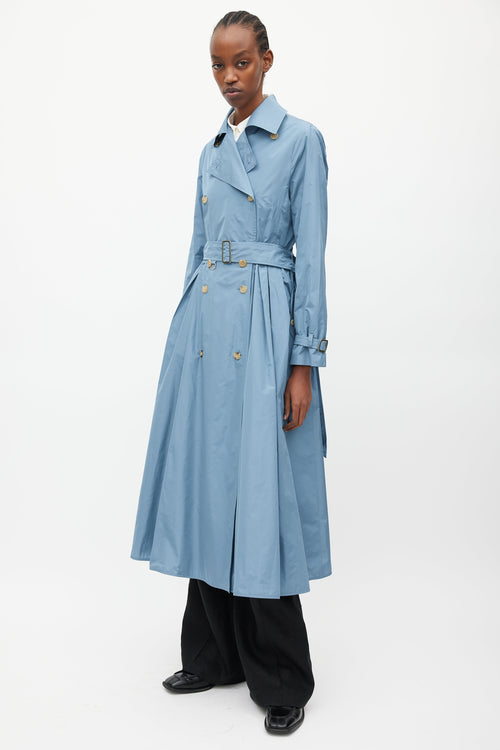 Max Mara Blue Nylon A-Line Belted Trench Coat