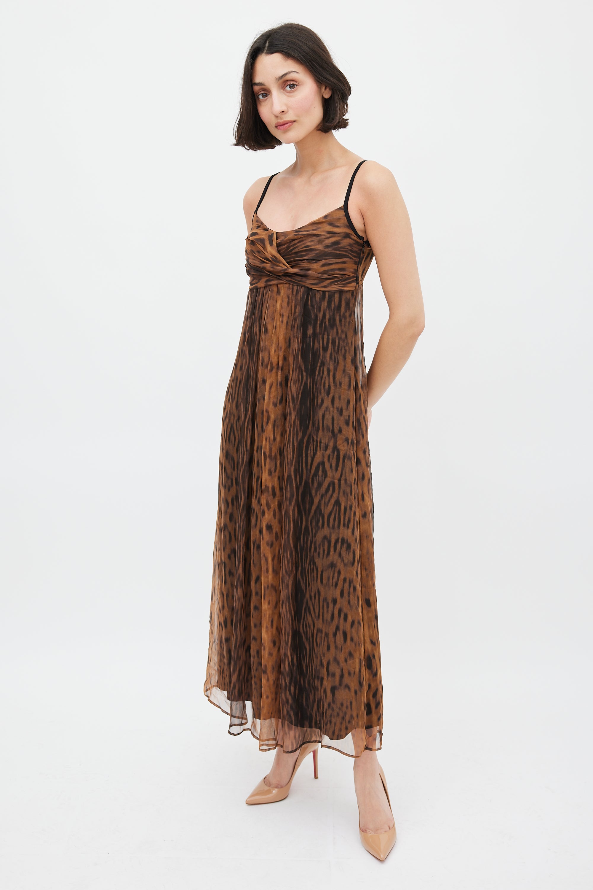 Max Mara // Brown Printed Sheer Empire Waist Midi Dress VSP Consignment Max Mara // Brown Printed Sheer Empire Waist Midi Dress VSP Consignment