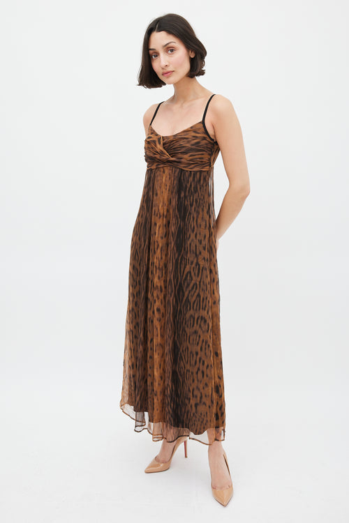 Max Mara Brown Printed Sheer Empire Waist Midi Dress