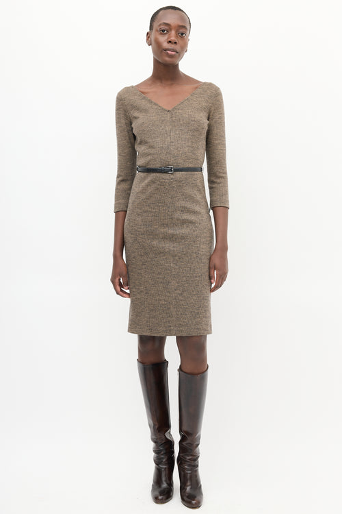 Max Mara Brown V-Neck Belted Midi Dress