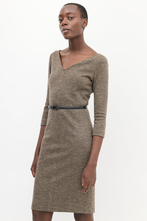 Max Mara Brown V-Neck Belted Midi Dress