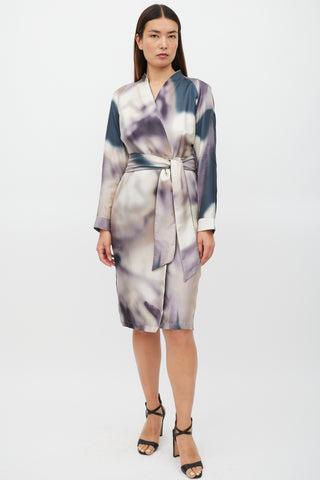Max Mara Cream & Multicolour Silk Tie Dye Belted Dress