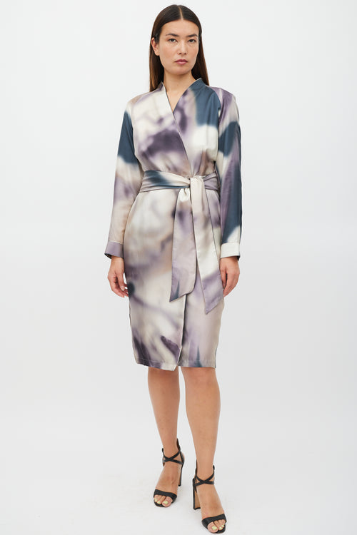 Max Mara Cream & Multicolour Silk Tie Dye Belted Dress