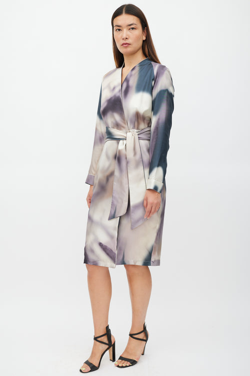 Max Mara Cream & Multicolour Silk Tie Dye Belted Dress