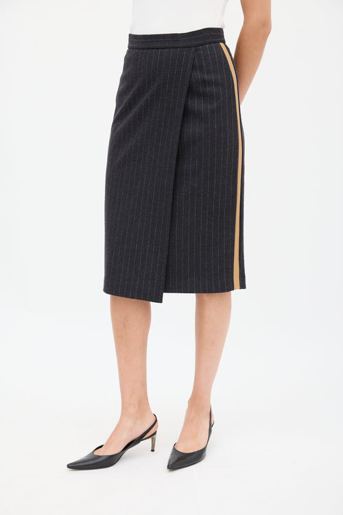 Max Mara Dark Grey Wool & Leather Striped Skirt