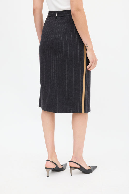 Max Mara Dark Grey Wool & Leather Striped Skirt