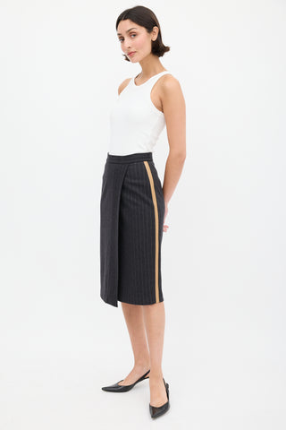 Max Mara Dark Grey Wool & Leather Striped Skirt