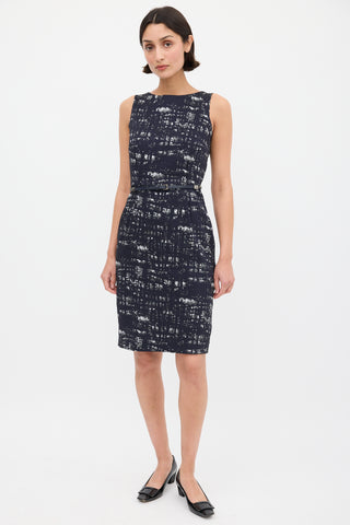 Max Mara Navy & Grey Printed Belted Sheath Dress