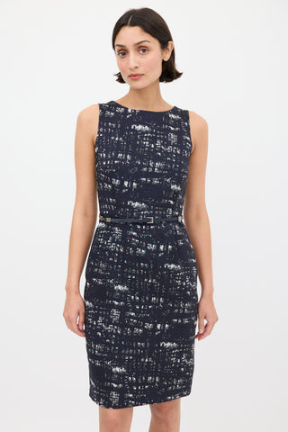 Max Mara Navy & Grey Printed Belted Sheath Dress