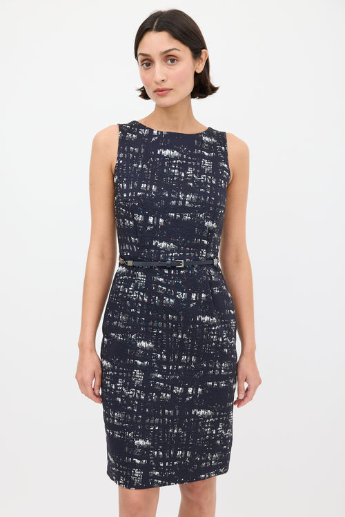 Max Mara Navy & Grey Printed Belted Sheath Dress