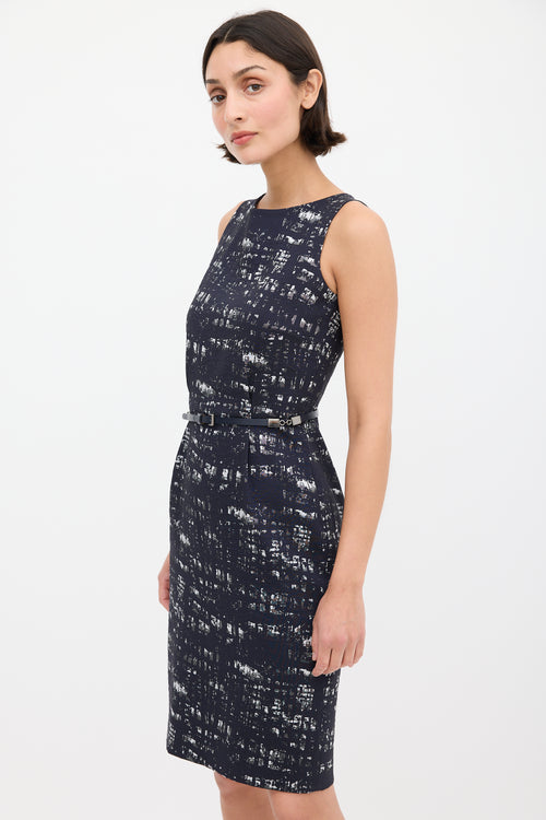 Max Mara Navy & Grey Printed Belted Sheath Dress