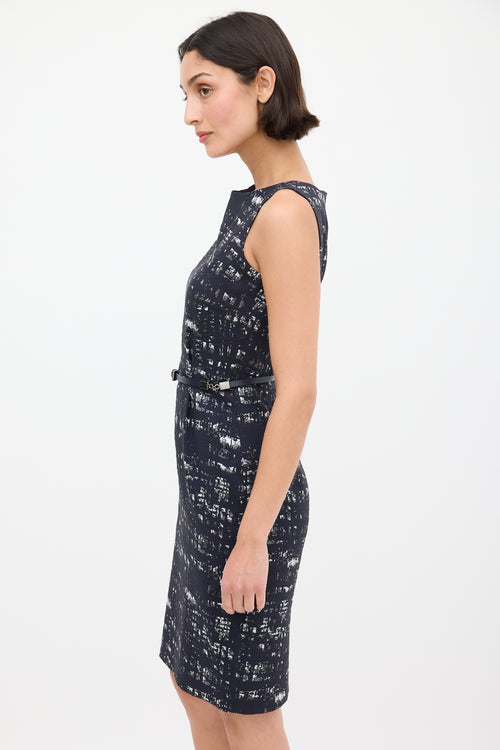 Max Mara Navy & Grey Printed Belted Sheath Dress