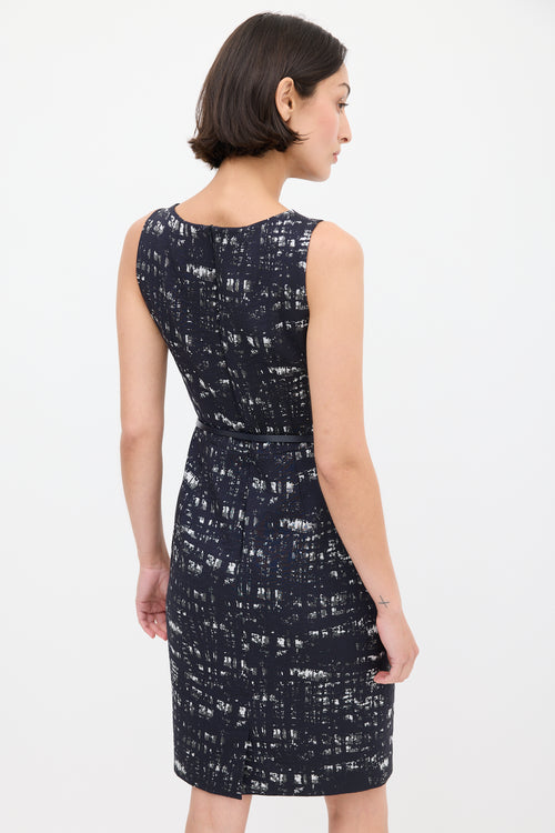 Max Mara Navy & Grey Printed Belted Sheath Dress