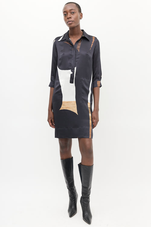 Max Mara Navy & Multi Silk Geometric Printed Dress