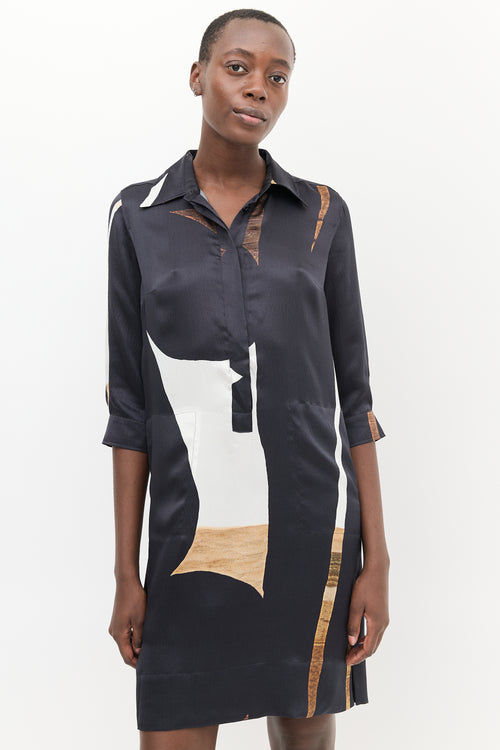 Max Mara Navy & Multi Silk Geometric Printed Dress