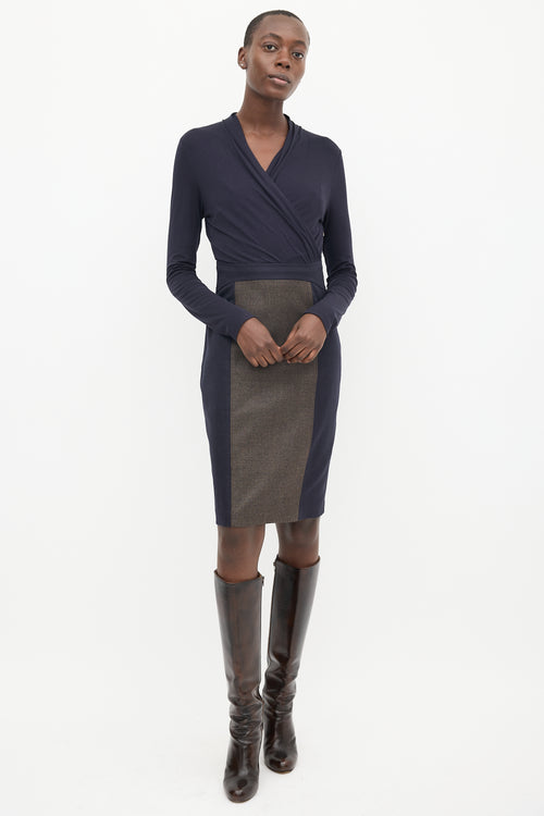 Max Mara Navy & Brown Panelled Faux Wrap Midi Dress