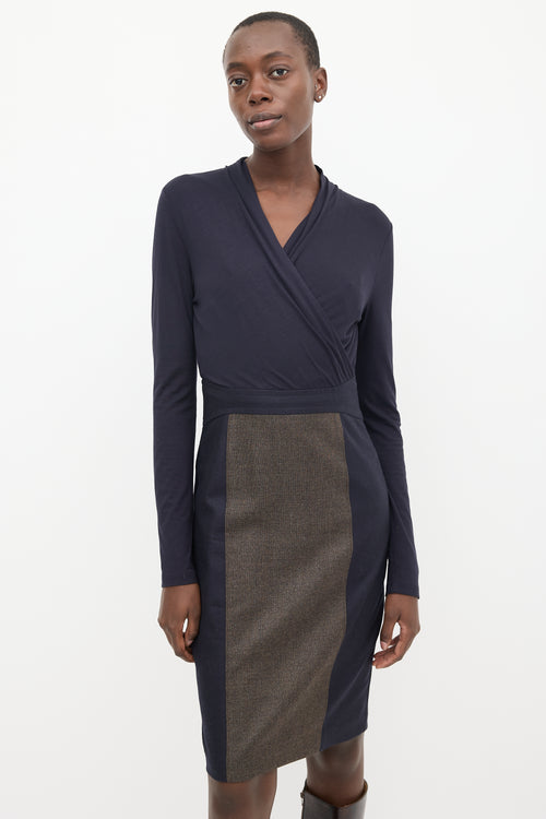 Max Mara Navy & Brown Panelled Faux Wrap Midi Dress