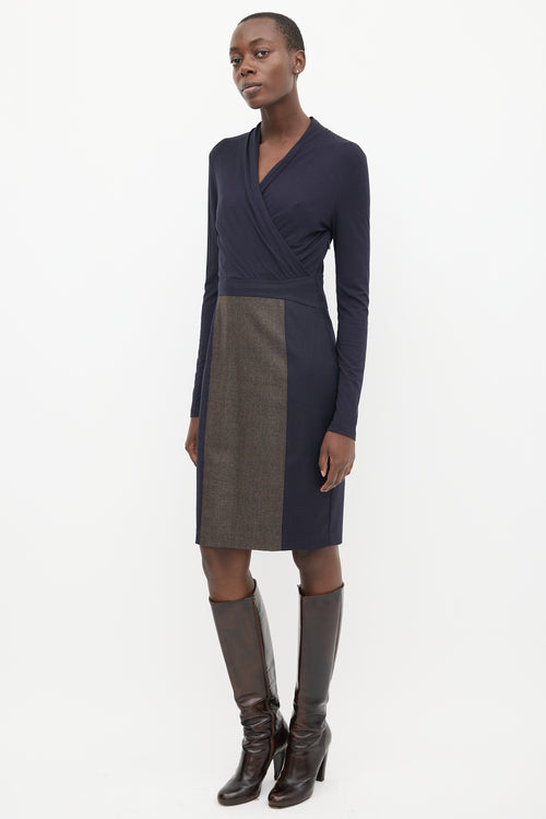 Max Mara Navy & Brown Panelled Faux Wrap Midi Dress