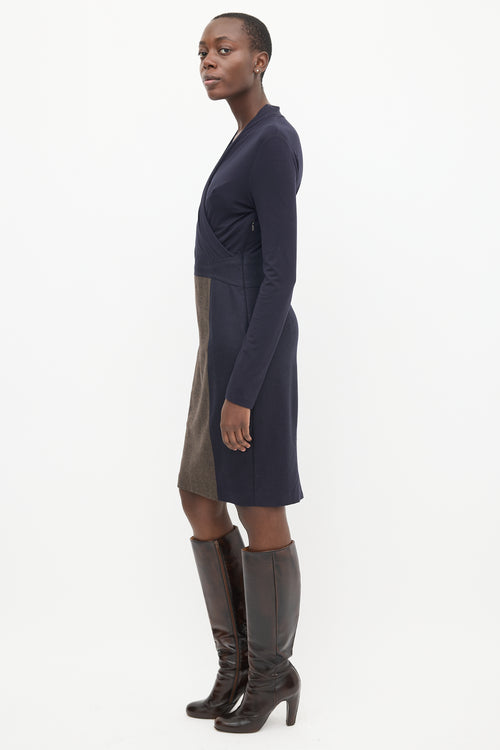 Max Mara Navy & Brown Panelled Faux Wrap Midi Dress