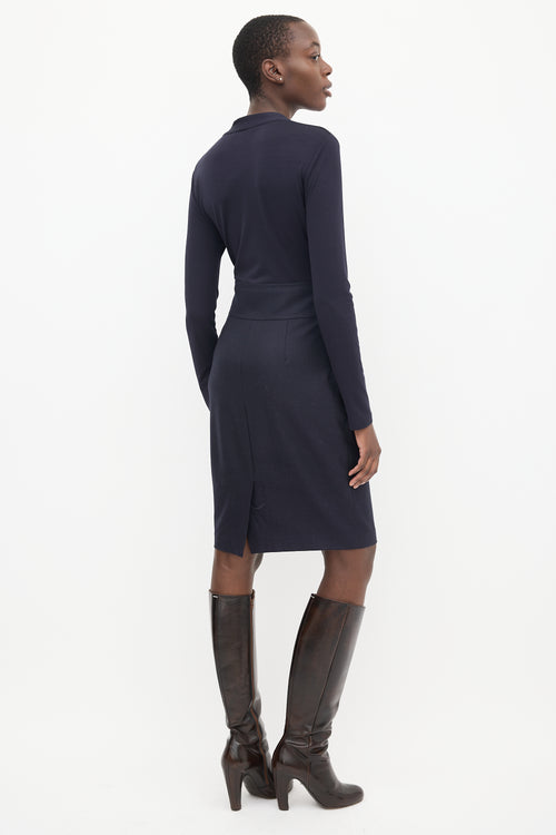 Max Mara Navy & Brown Panelled Faux Wrap Midi Dress