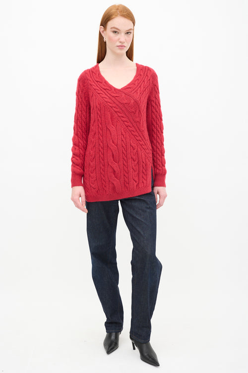 Max Mara Red Cable Knit V-Neck Sweater