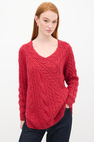 Max Mara Red Cable Knit V-Neck Sweater