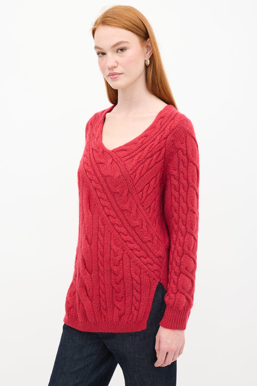 Max Mara Red Cable Knit V-Neck Sweater