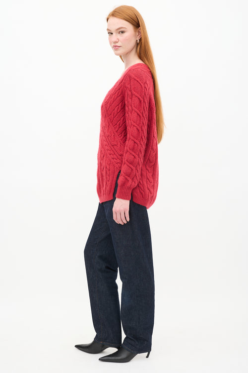 Max Mara Red Cable Knit V-Neck Sweater