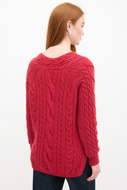 Max Mara Red Cable Knit V-Neck Sweater