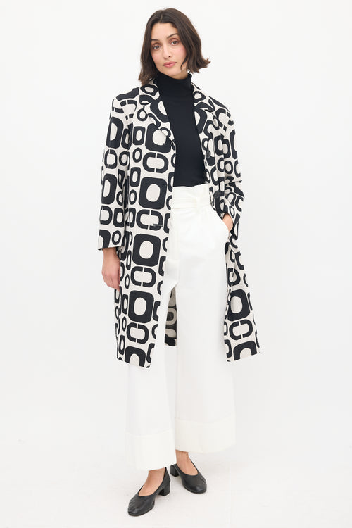 Max Mara S Black & White Cotton Geometric Coat