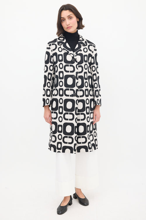 Max Mara S Black & White Cotton Geometric Coat