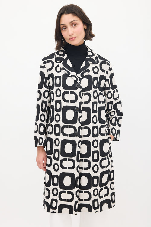 Max Mara S Black & White Cotton Geometric Coat