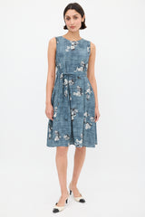 Max Mara S Blue & White Floral Tie Waist Shift Dress