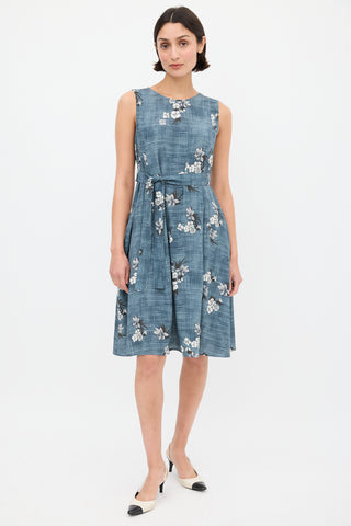 Max Mara S Blue & White Floral Tie Waist Shift Dress