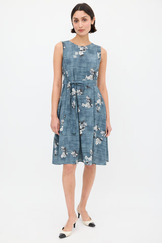 Max Mara S Blue & White Floral Tie Waist Shift Dress