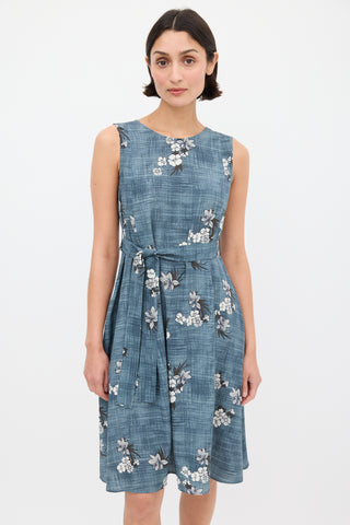 Max Mara S Blue & White Floral Tie Waist Shift Dress