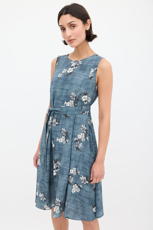 Max Mara S Blue & White Floral Tie Waist Shift Dress