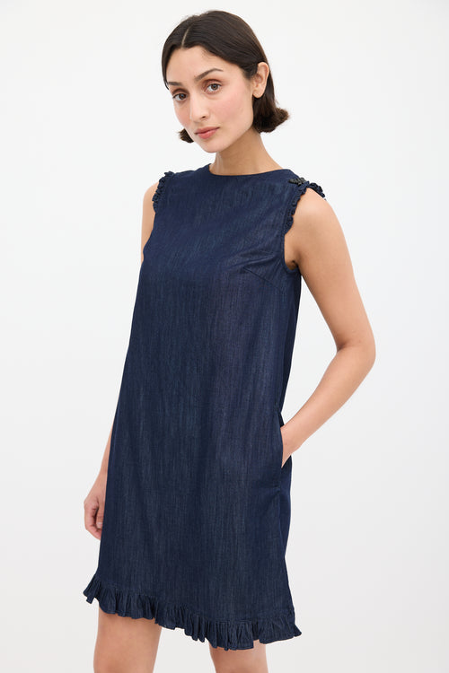 Max Mara S Raw Denim Ruffle Trim Embellished Dress