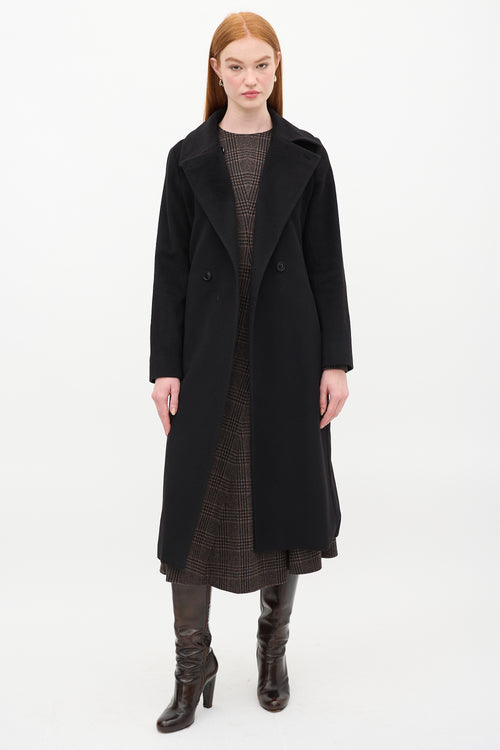 Max Mara Studio Black Wool Belted Double Breasted Long Coat